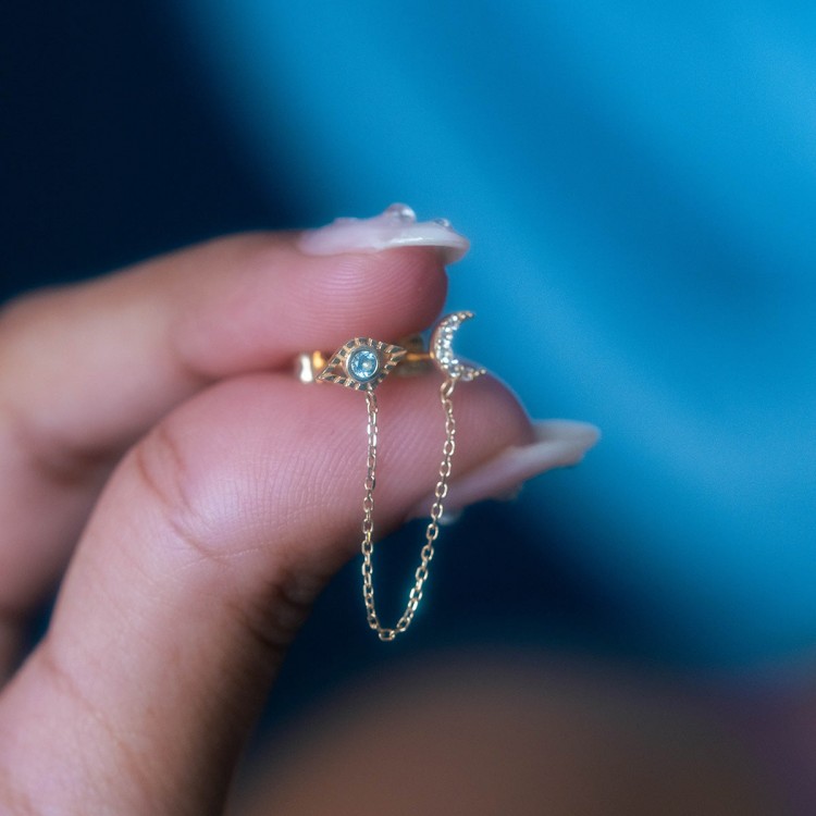 Solid Gold Evil Eye and Crescent Moon Double Piercing Studs