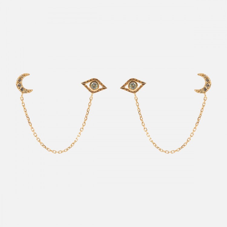 Solid Gold Evil Eye and Crescent Moon Do...