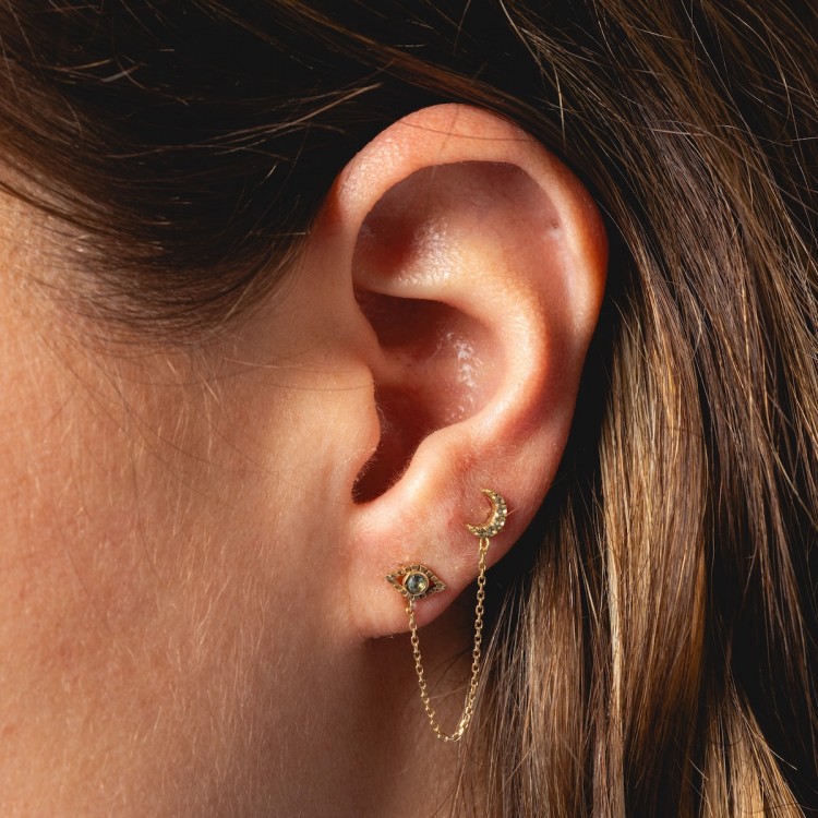 Solid Gold Evil Eye and Crescent Moon Double Piercing Studs