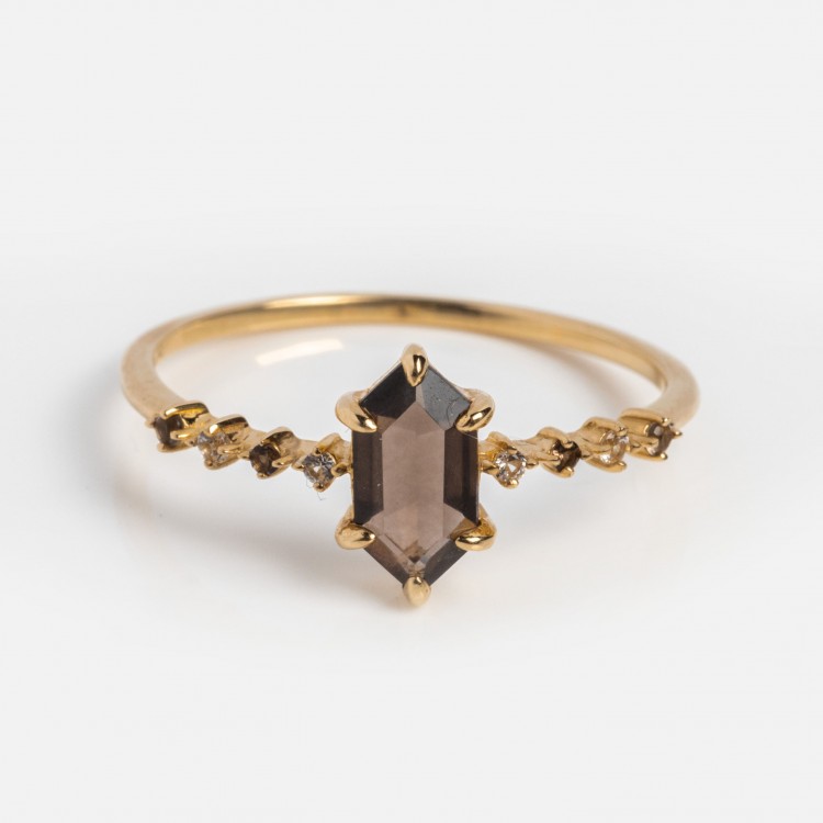 Solid Gold Smoky Quartz Hexagon Ring for...